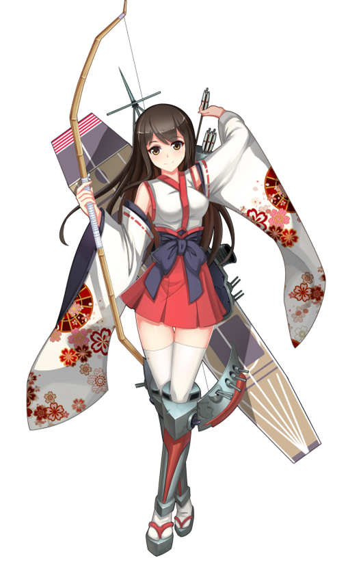 1girl, arrow, blush, bow, bow_(weapon), breasts, brown_eyes, brown_hair, crossed_legs, detached_sleeves, flight_deck, floral_print, full_body, geta, holding_weapon, japanese_clothes, kantai_collection, kimono, large_breasts, light_smile, long_hair, looking_at_viewer, miko, miniskirt, original, pleated_skirt, quiver, qx-cg, ribbon-trimmed_sleeves, ribbon_trim, simple_background, skirt, solo, standing, straight_hair, thigh-highs, weapon, white_background, white_legwear, wide_sleeves, zettai_ryouiki
