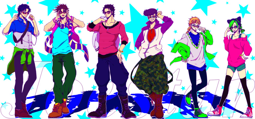 baggy_pants, black_hair, blonde_hair, blue_eyes, blue_hair, boots, bracelet, braid, brown_boots, brown_hair, camouflage, camouflage_pants, cigarette, clothes_around_waist, double_bun, earphones, giorno_giovanna, green_hair, green_nails, grin, hand_on_hip, higashikata_jousuke, jacket, jacket_over_shoulder, jewelry, jojo_no_kimyou_na_bouken, jonathan_joestar, joseph_joestar_(young), kuujou_jolyne, kuujou_joutarou, multicolored_hair, nail_polish, necklace, off-shoulder_sweater, oota_iroha, pants, polka_dot, polka_dot_shirt, pompadour, purple_hair, scarf, shirt, shoes, short_shorts, shorts, smile, sneakers, star, starry_background, striped, striped_scarf, striped_shirt, sunglasses, sweater, sweater_around_waist, thigh-highs, tongue, tongue_out, two-tone_hair, zettai_ryouiki