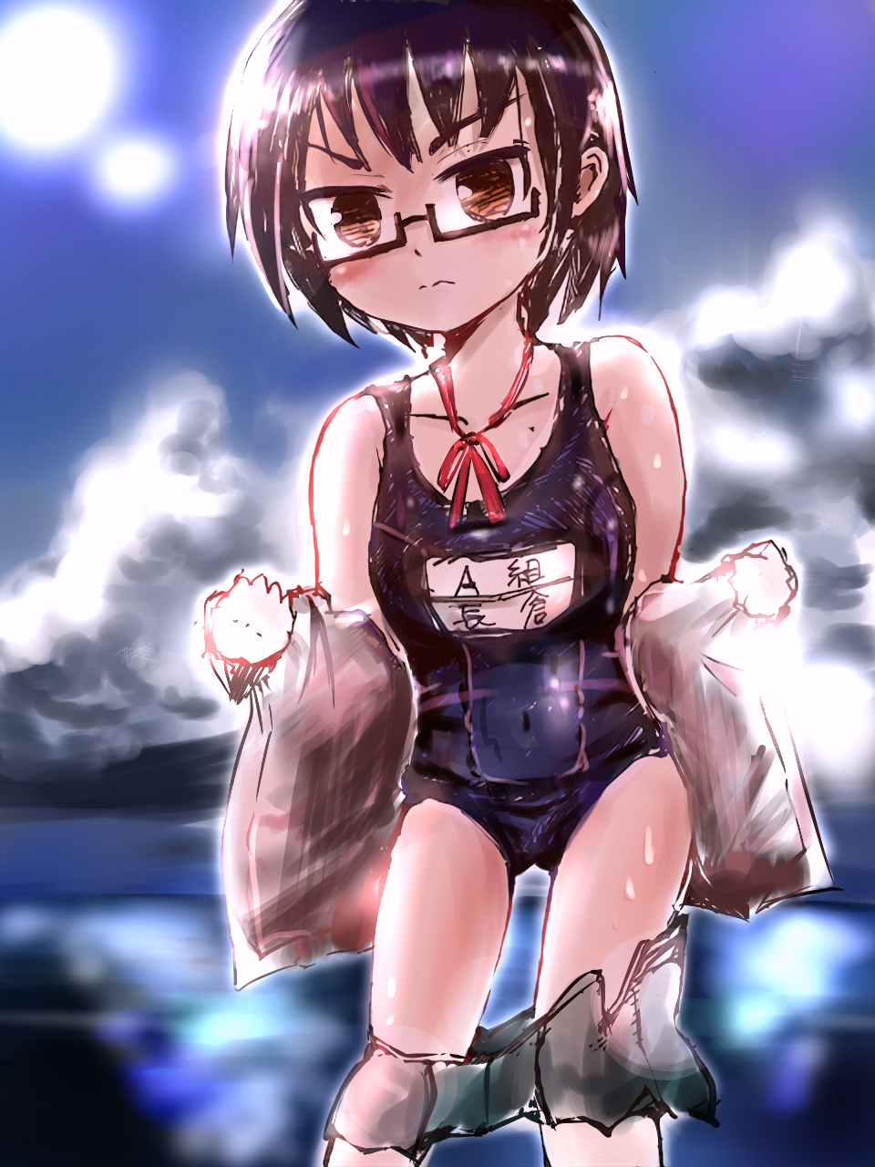 1girl, black_hair, brown_eyes, clouds, commentary_request, glasses, highres, kagaku_chop