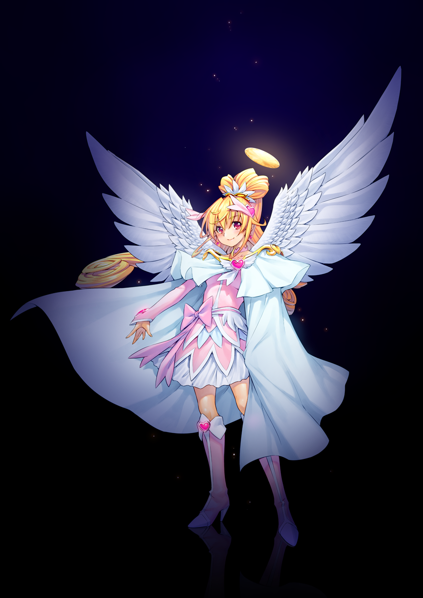 1girl, aida_mana, angel, angel_wings, blonde_hair, boots, bow, cape, cure_heart, cure_heart_parthenon_mode, dokidoki!_precure, full_body, hair_ornament, halo, heart, heart_hair_ornament, high_heel_boots, high_heels, highres, kazuma_muramasa, knee_boots, outstretched_arm, pink_boots, pink_bow, precure, red_eyes, smile, solo, standing, star, starry_background, wings