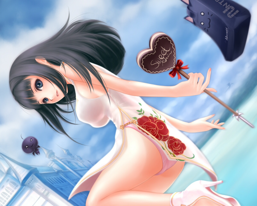 black_hair, black_papel, blue_eyes, breasts, castle, china_dress, chinadress, chinese_clothes