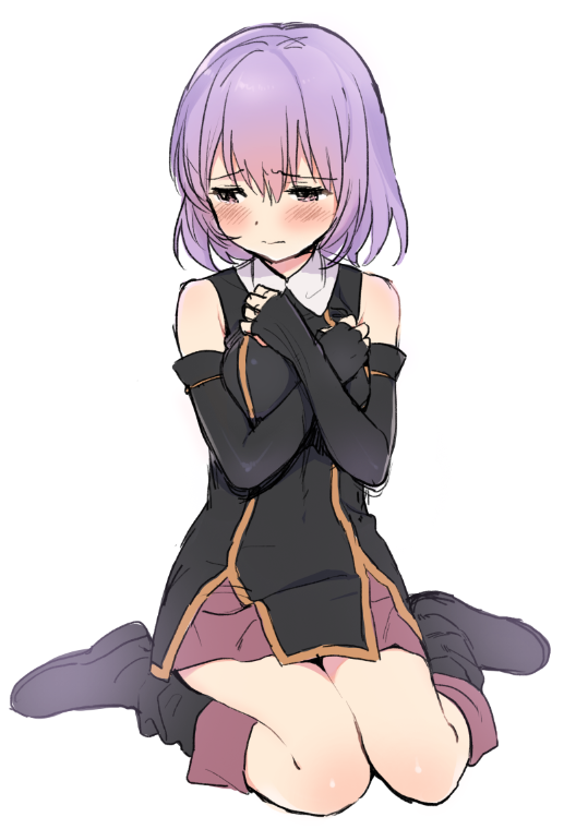 1girl, blush, boots, elbow_gloves, gloves, hai_to_genso_no_gurimugaru, purple_hair, sekiya_asami, shihoru_(grimgar), short_hair, solo, violet_eyes, white_background