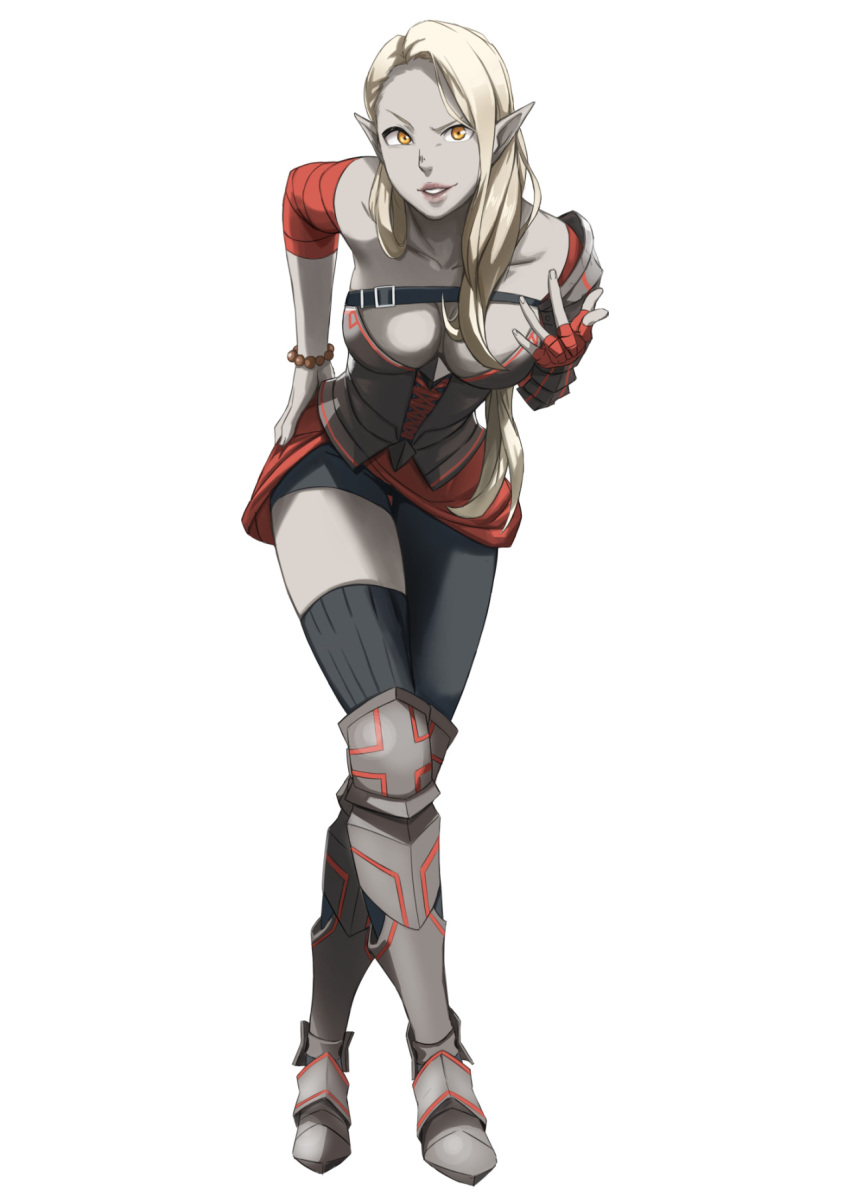 1girl, blonde_hair, breasts, cleavage, elezen, elf, final_fantasy, final_fantasy_xiv, highres, imdsound, long_hair, pointy_ears, single_thighhigh, solo, thigh-highs, yellow_eyes