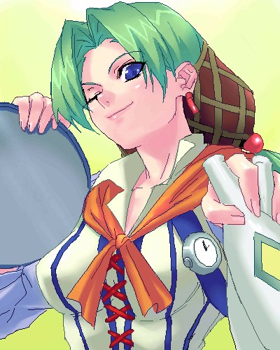 1girl, bangs, between_fingers, blue_eyes, bottle, cross-laced_clothes, earrings, grandia