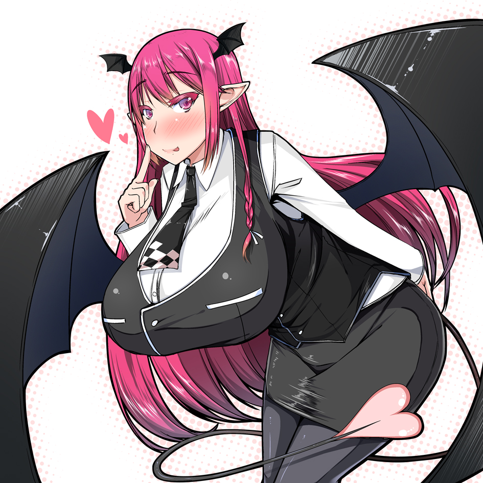 1girl, breasts, demon_girl, demon_tail, demon_wings, huge_breasts, kirise_mitsuru, licking_lips