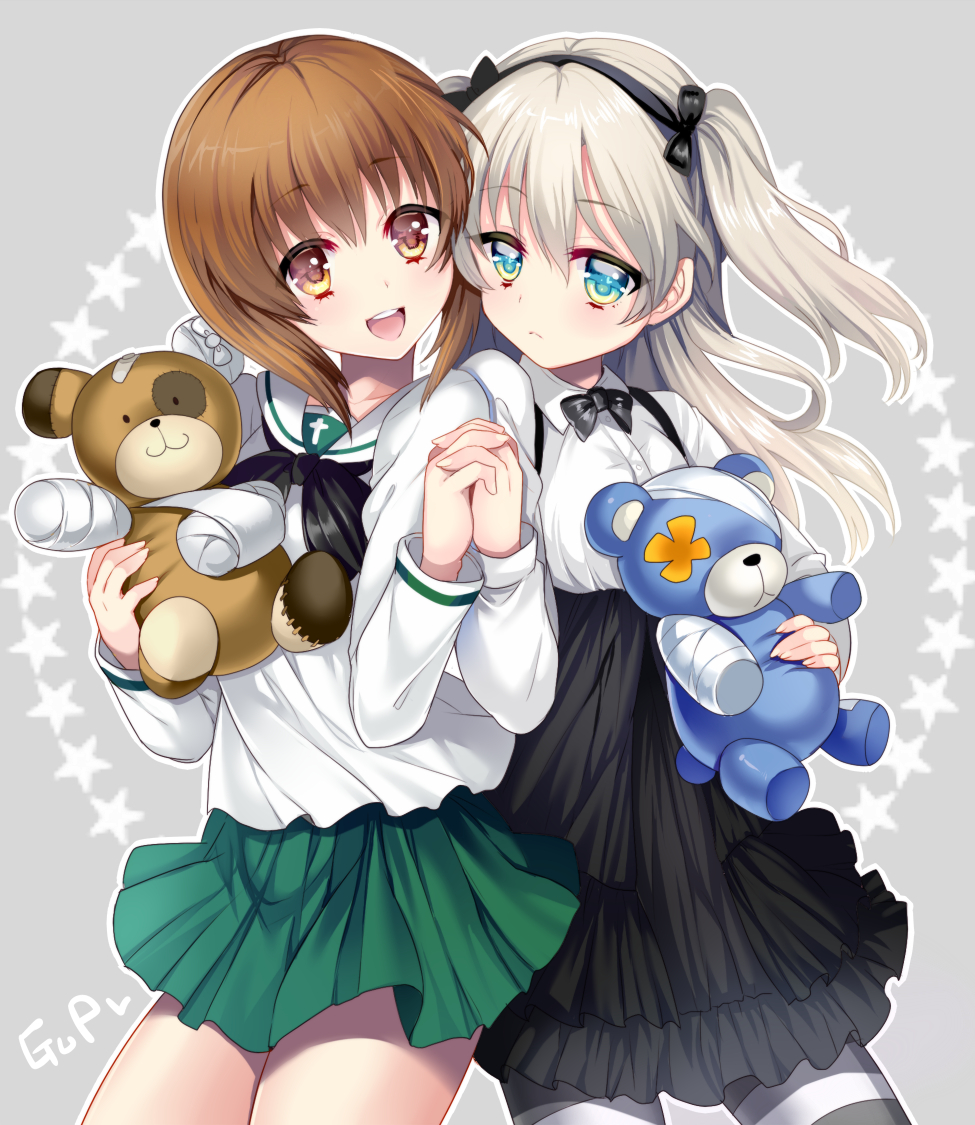 2girls, bandages, black_dress, black_legwear, bowtie, brown_eyes, brown_hair, cowboy_shot