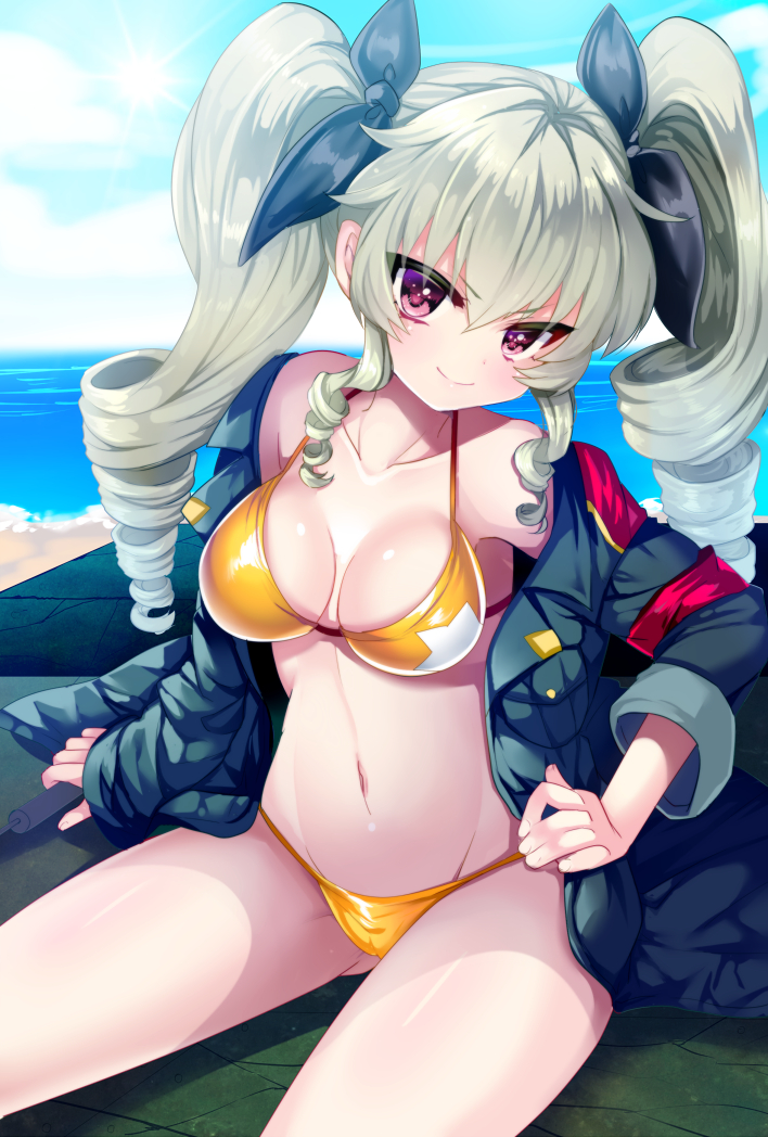 1girl, anchovy, beach, bikini, clouds, cloudy_sky, drill_hair, girls_und_panzer
