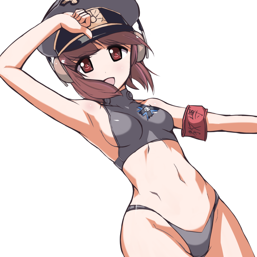 1girl, :d, aegis_(nerocc), arm_up, armband, armpits, bikini, blush