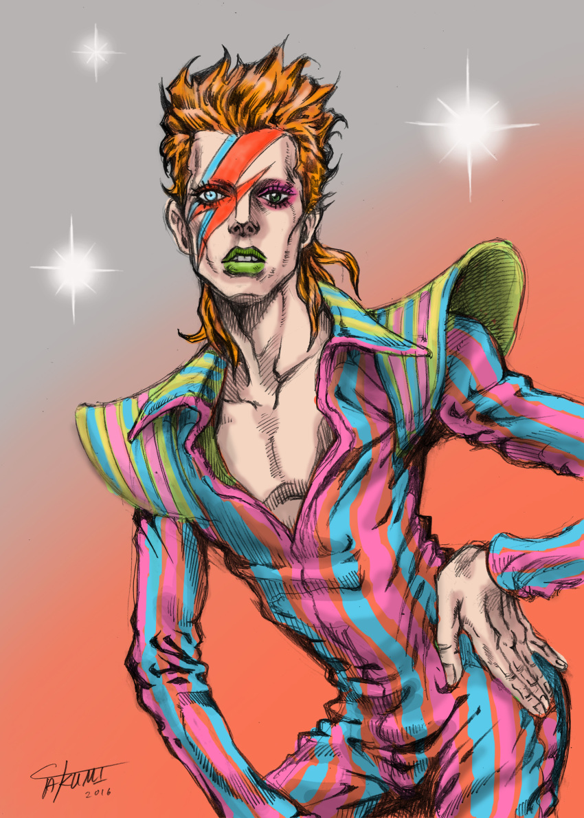 1boy, blue_eyes, commentary, david_bowie, eyelashes, facepaint, green_eyes, hand_on_hip, heterochromia, highres, jojo_no_kimyou_na_bouken, lipstick, looking_at_viewer, makeup, orange_hair, parody, shirt, solo, striped, striped_shirt, style_parody, takumi_(marlboro), vertical-striped_shirt, vertical_stripes