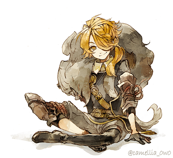 1boy, black_gloves, blonde_hair, gloves, hair_over_one_eye, indian_style, male_focus, ponytail