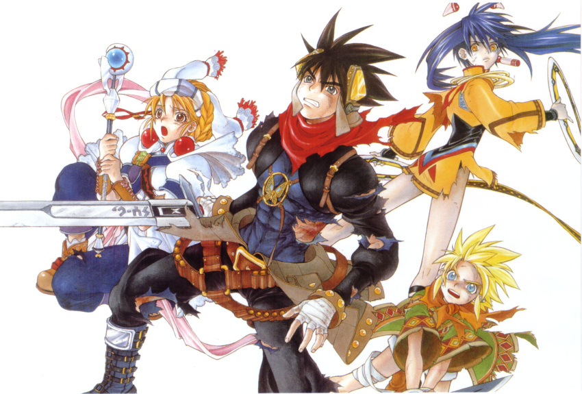 2boys, 2girls, bandages, belt, butterfly, elena_(grandia), grandia, grandia_ii
