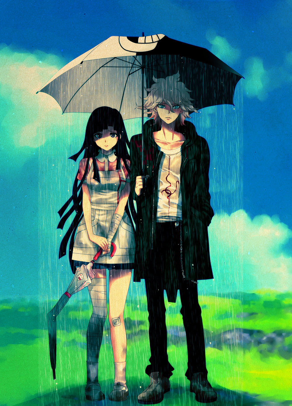 1boy, 1girl, apron, bandaged_arm, bandaged_leg, bandages, bangs, black_eyes, black_hair, black_pants, blue_eyes, blue_sky, broken_umbrella, bunny_print, chain, closed_mouth, closed_umbrella, clouds, collarbone, dangan_ronpa, dosugon, frown, full_body, gradient_hair, grass, hair_between_eyes, hand_in_pocket, highres, holding_umbrella, hooded_jacket, jacket, komaeda_nagito, legs_apart, long_hair, long_sleeves, looking_at_viewer, miniskirt, mole, mole_under_eye, monokuma, multicolored_hair, nurse, outdoors, pants, pigeon-toed, pink_shirt, print_shirt, puffy_short_sleeves, puffy_sleeves, rain, see-through, shade, shadow, shirt, shoes, short_sleeves, skirt, sky, socks, standing, super_dangan_ronpa_2, t-shirt, tsumiki_mikan, umbrella, unzipped, very_long_hair, wet, wet_clothes, white_hair, white_legwear