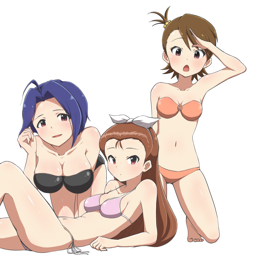 084_pro, 3girls, :o, all_fours, arm_support, bandeau, bikini, blue_hair