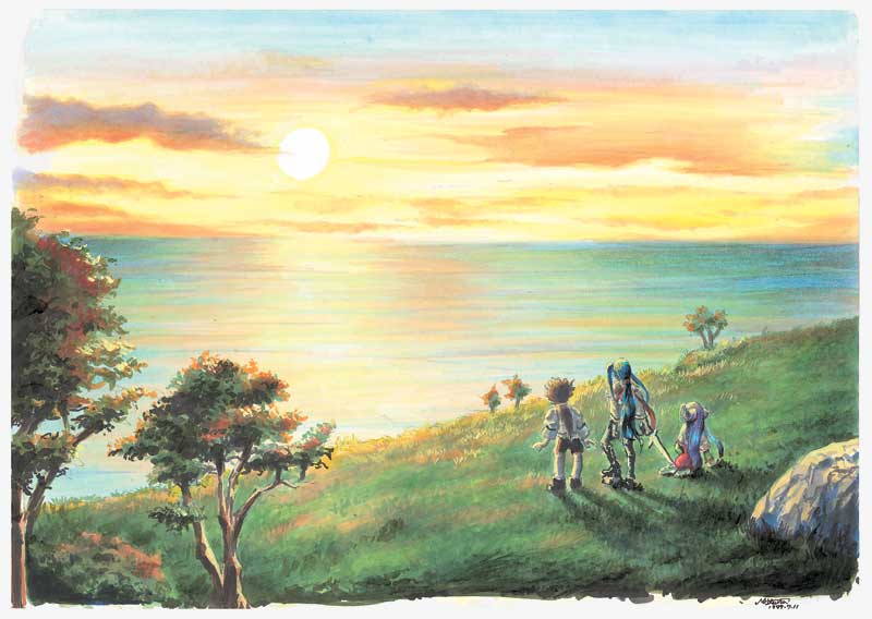 1999, 1girl, 2boys, artist_request, clouds, dated, full_body, grandia, grandia_ii, grass, landscape, melfice_(grandia), multiple_boys, ocean, reena_(grandia), rock, ryudo_(grandia), scenery, signature, sitting, sky, standing, sunset, tree, twilight, yellow_sky, younger