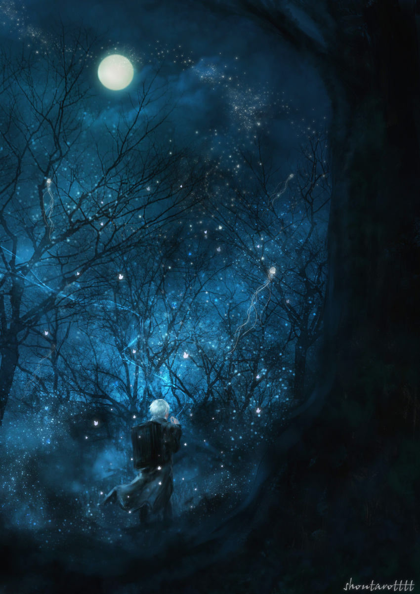 1boy, artist_name, back, backpack, bag, bare_tree, blue, blue_hair, cigarette, clouds, coat, fireflies, forest, ginko, glowing, highres, jellyfish, long_sleeves, male_focus, moon, mushishi, nature, night, night_sky, shoutarotttt, signature, sky, smoke, smoking, solo, standing, star_(sky), tree, white_hair, wind