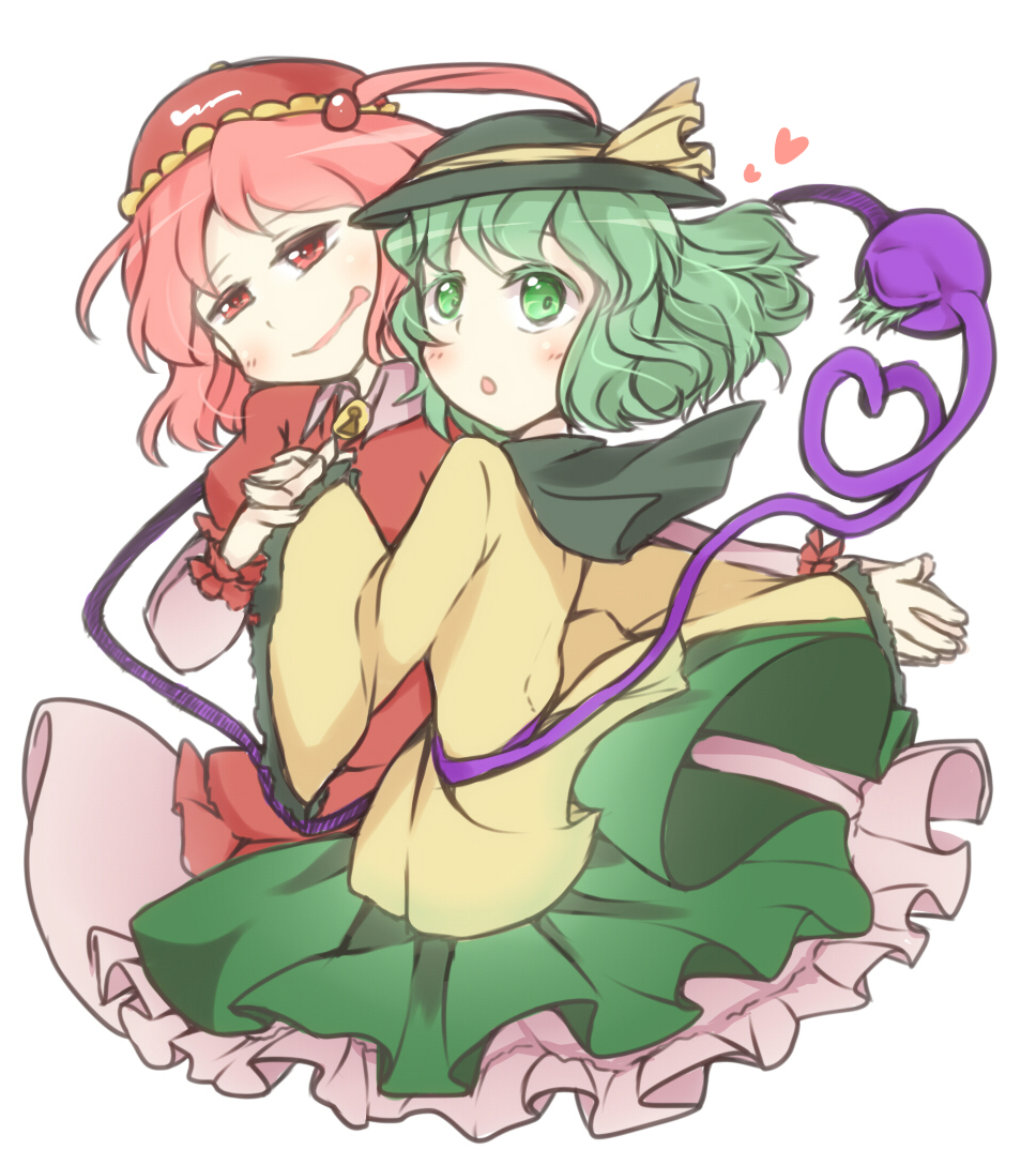 2girls, bow, green_eyes, green_hair, hands_together, hat, hat_bow, heart, heart_of_string, iwasa_kasumi, kawashiro_mitori, komeiji_koishi, multiple_girls, open_mouth, red_eyes, redhead, sash, third_eye, tongue, tongue_out, touhou, wide_sleeves