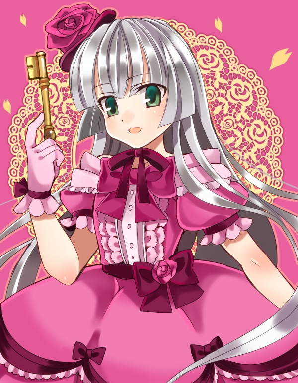1girl, :d, bangs, blunt_bangs, bow, bowtie, doily, flower