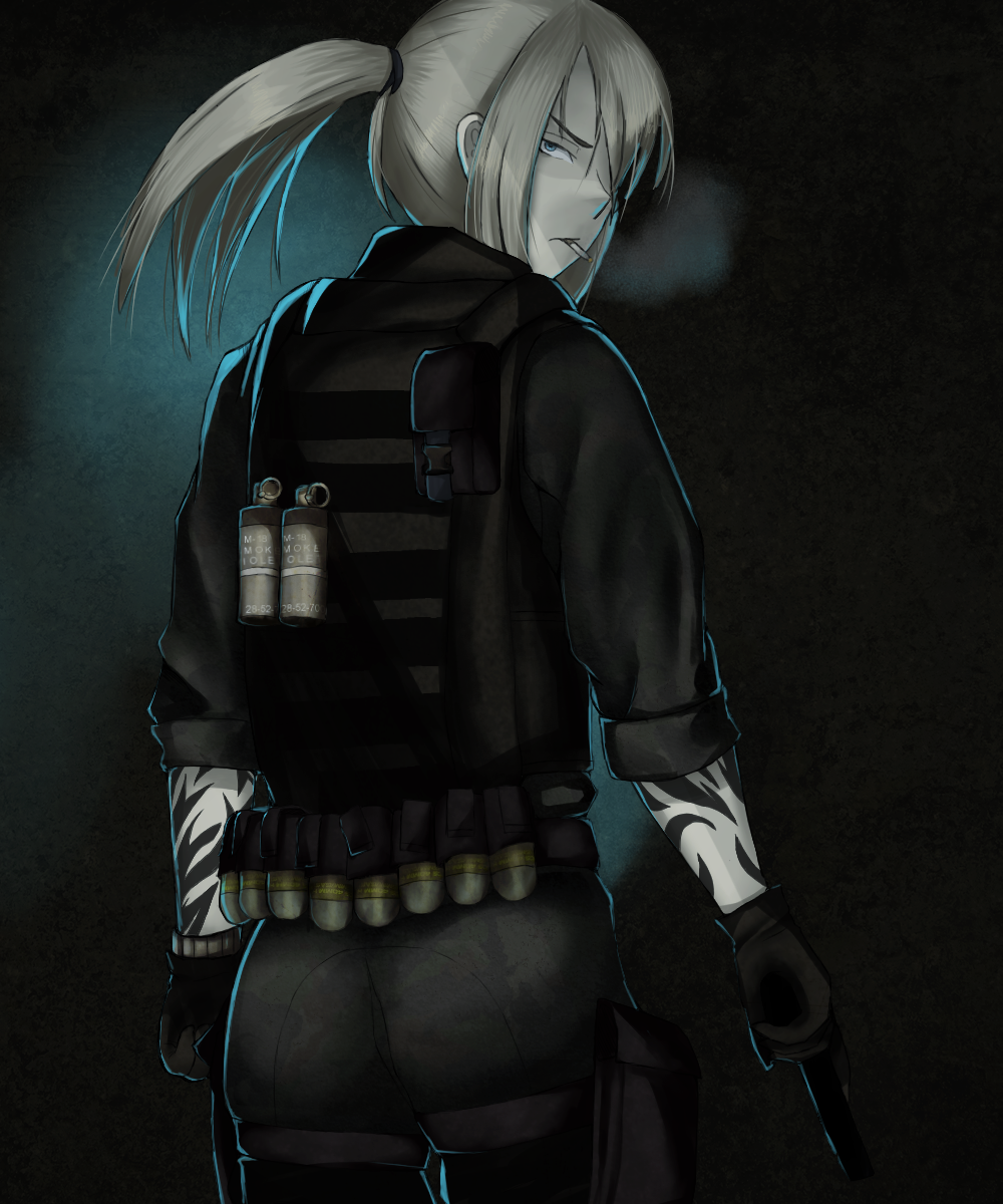 1girl, androth, battlefield_(series), battlefield_4, blonde_hair, blue_eyes, cargo_pants, cigarette, collaboration, dark_background, explosive, fanom, from_behind, gloves, grenade, gun, handgun, hetza_(hellshock), highres, long_hair, looking_at_viewer, looking_back, military, one_eye_covered, pants, pistol, ponytail, smoke, smoke_grenade, smoking, suzumi_(hetza), tattoo, watch, weapon