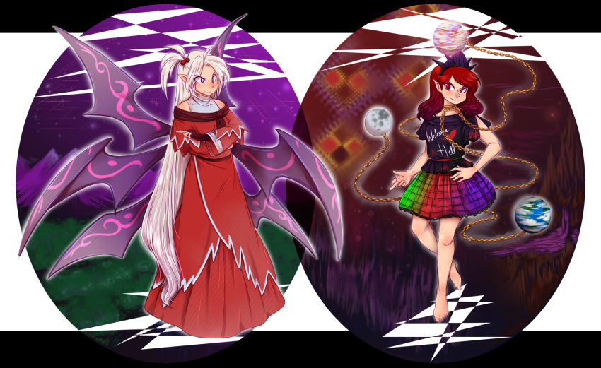 2girls, barefoot, chain, clothes_writing, collar, demon_wings, earth_(ornament), hair_ornament