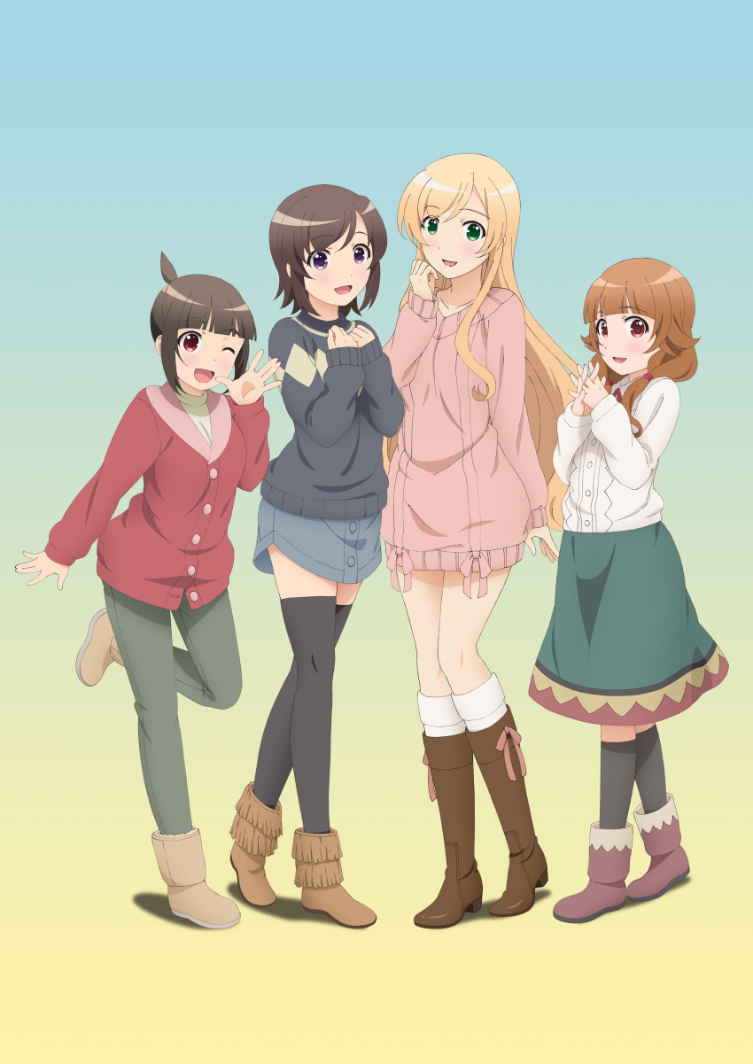 4girls, absurdres, blonde_hair, brown_eyes, brown_hair, futsuu_no_joshikousei_ga_locodol_yattemita, green_eyes, high_heels