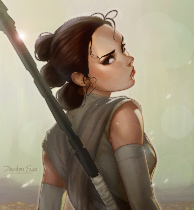 1girl, artist_name, blue_eyes, brown_hair, dandon_fuga, detached_sleeves, eyebrows, forehead, from_behind, hair_bun, lips, looking_back, nose, over_shoulder, pout, rey_(star_wars), short_hair, small_breasts, solo, staff, star_wars, star_wars:_the_force_awakens, triple_bun, upper_body, watermark, weapon, weapon_over_shoulder, web_address