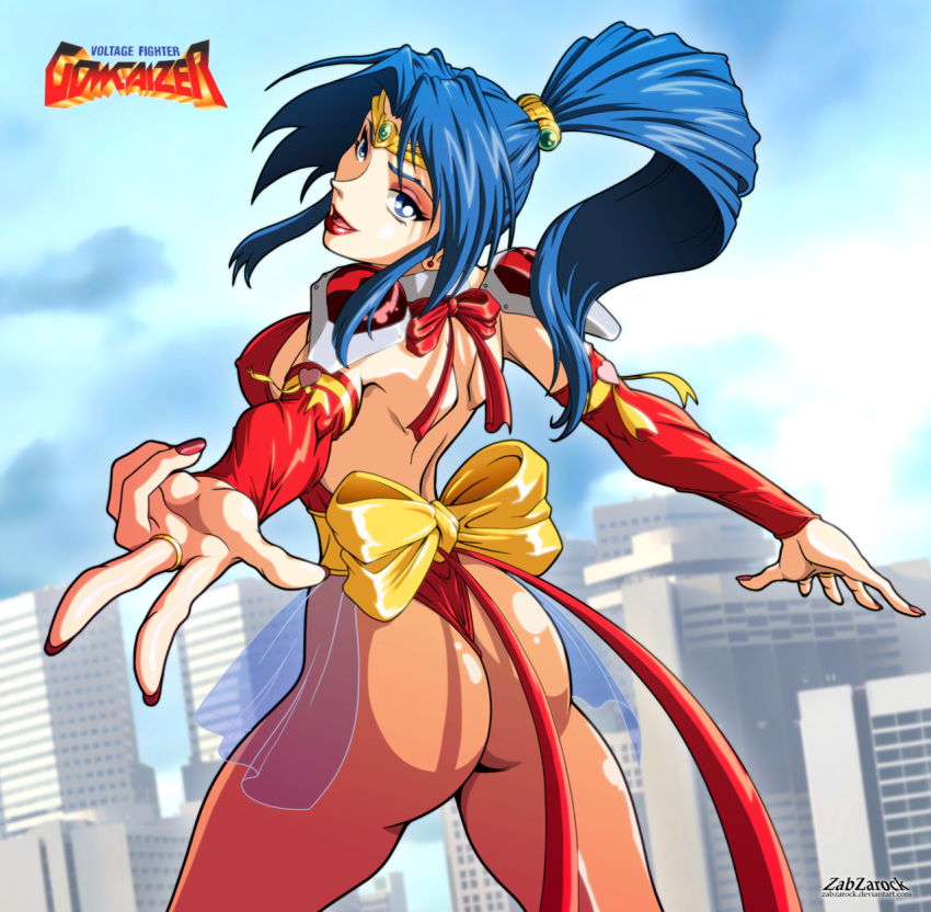 1girl, ass, blue_eyes, blue_hair, choujin_gakuen_gowcaizer, cityscape, copyright_name, covered_nipples