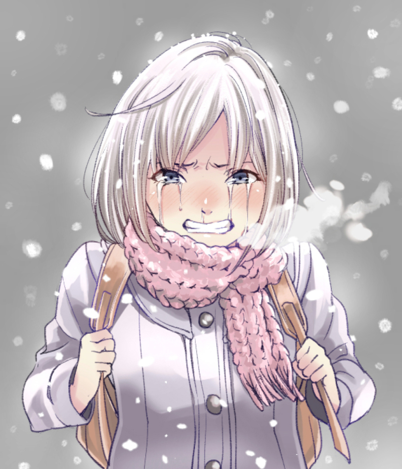 1girl, backpack, bag, blue_eyes, blush, breath, clenched_hand, clenched_teeth