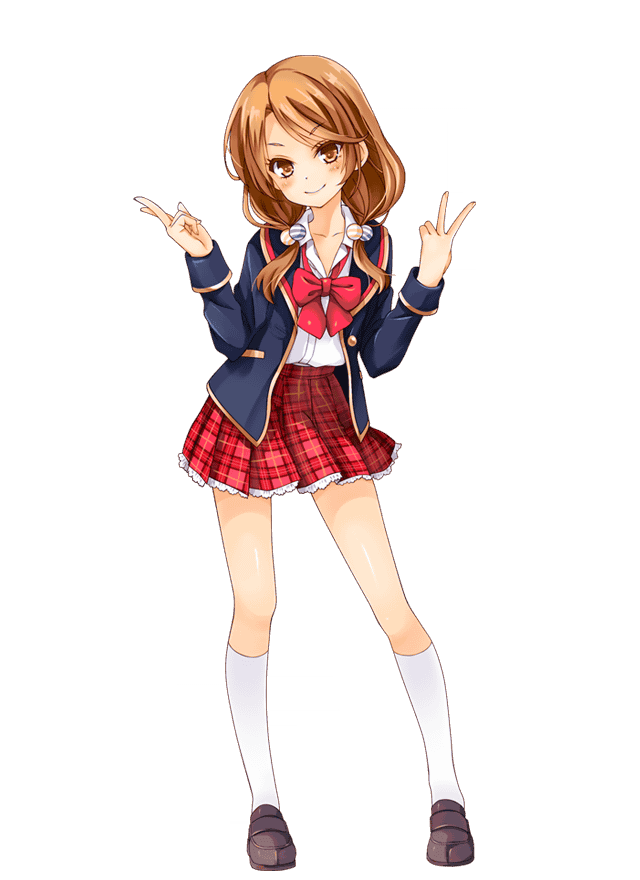 1girl, artist_request, bowtie, brown_eyes, brown_hair, full_body, girlfriend_(kari), low_twintails, official_art, plaid, plaid_skirt, pleated_skirt, qp:flapper, school_uniform, simple_background, skirt, socks, solo, tamai_remi, transparent_background, twintails