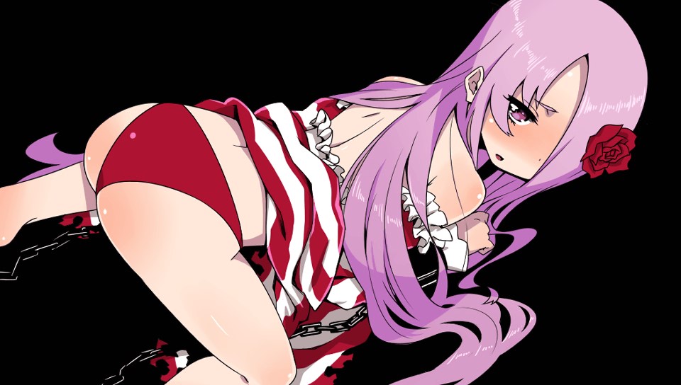 1girl, :o, all_fours, ass, black_background, blush, chair, criminal_girls