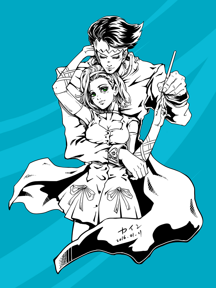 1boy, 1girl, arm_warmers, breasts, cain_(the_sky_upside_down), choker, cleavage, coat