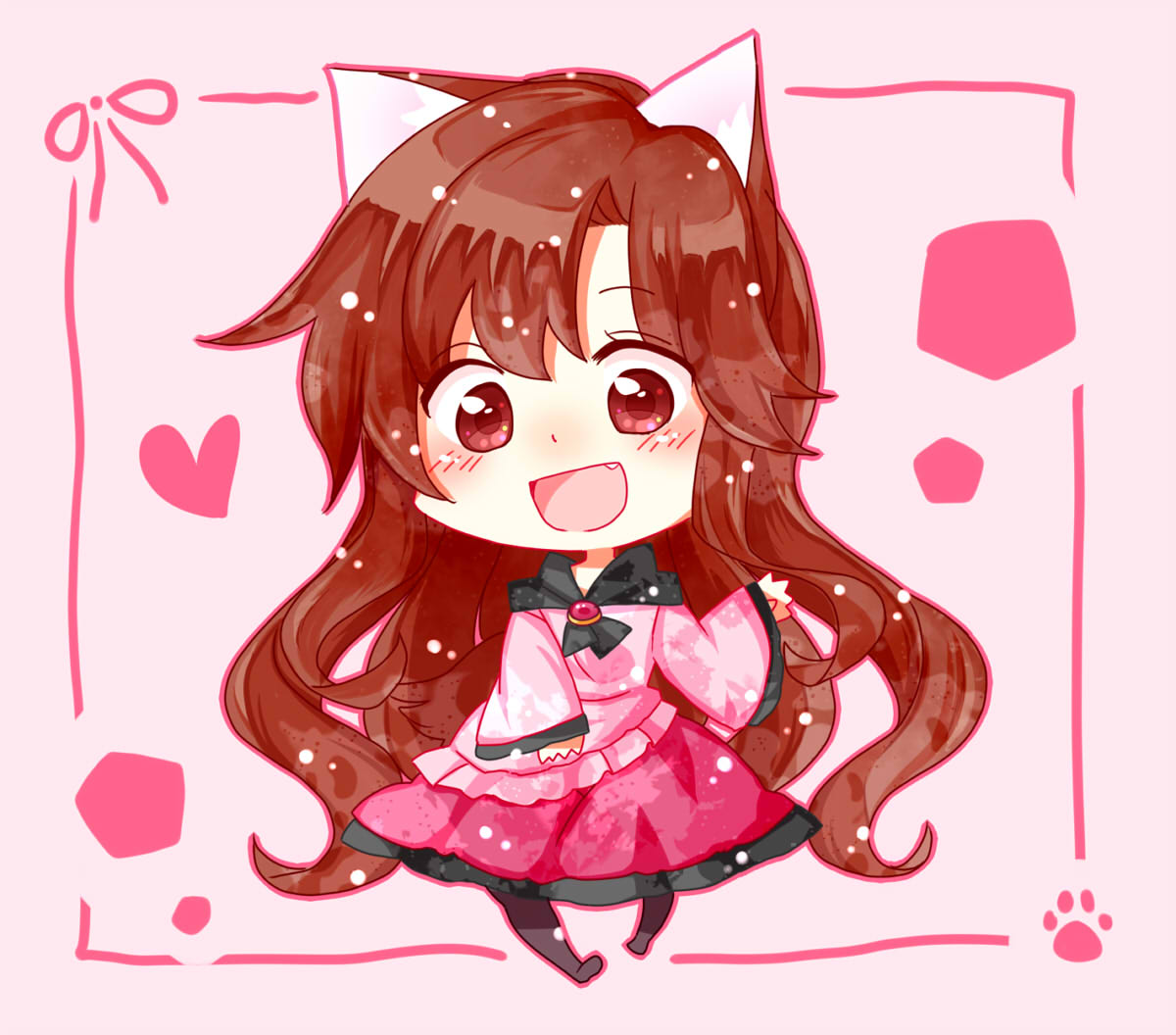 1girl, animal_ears, blush, brooch, brown_hair, chibi, dress, fang