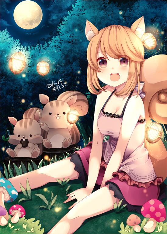 1girl, :d, animal_ears, apricorn, azu_torako, bare_shoulders, breasts, brown_eyes