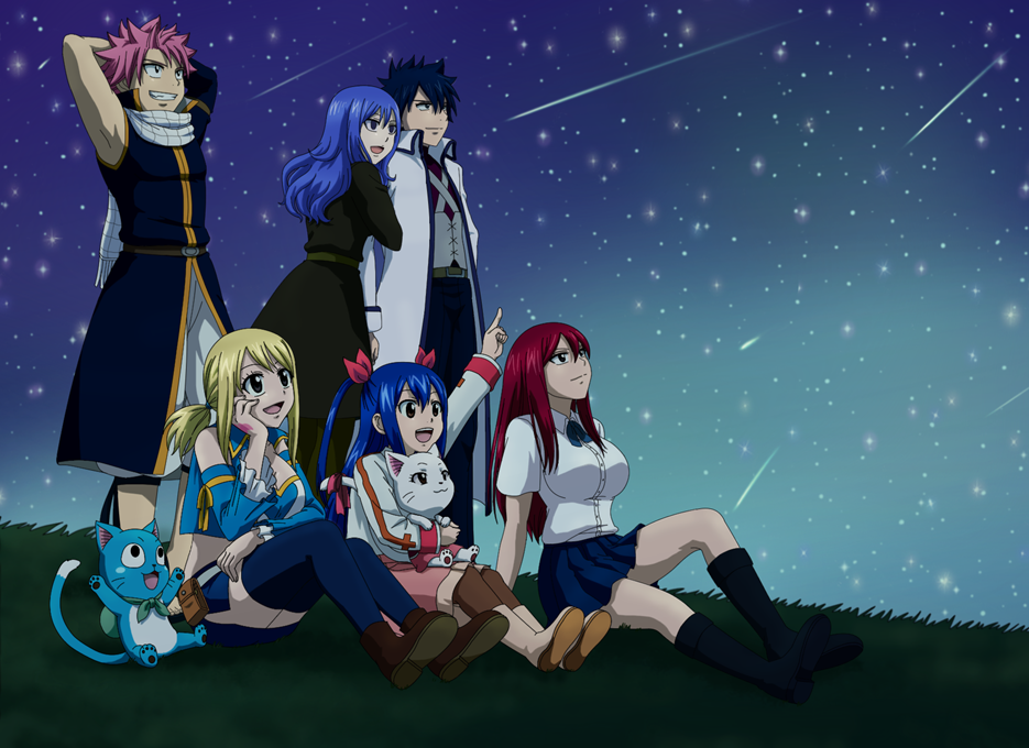 2boys, 4girls, armpits, black_hair, black_legwear, blonde_hair, blue_eyes, blue_hair, blue_skirt, bluesnowcat, breasts, brown_eyes, carla, cleavage, erza_scarlet, fairy_tail, gray_fullbuster, hair_ribbon, happy_(fairy_tail), juvia_lockser, long_hair, lucy_heartfilia, multiple_boys, multiple_girls, natsu_dragneel, navel, outdoors, pink_hair, pink_ribbon, pleated_skirt, ribbon, scarf, school_uniform, short_hair, sitting, skirt, sky, spiky_hair, star_(sky), starry_sky, thigh-highs, wendy_marvell, white_scarf