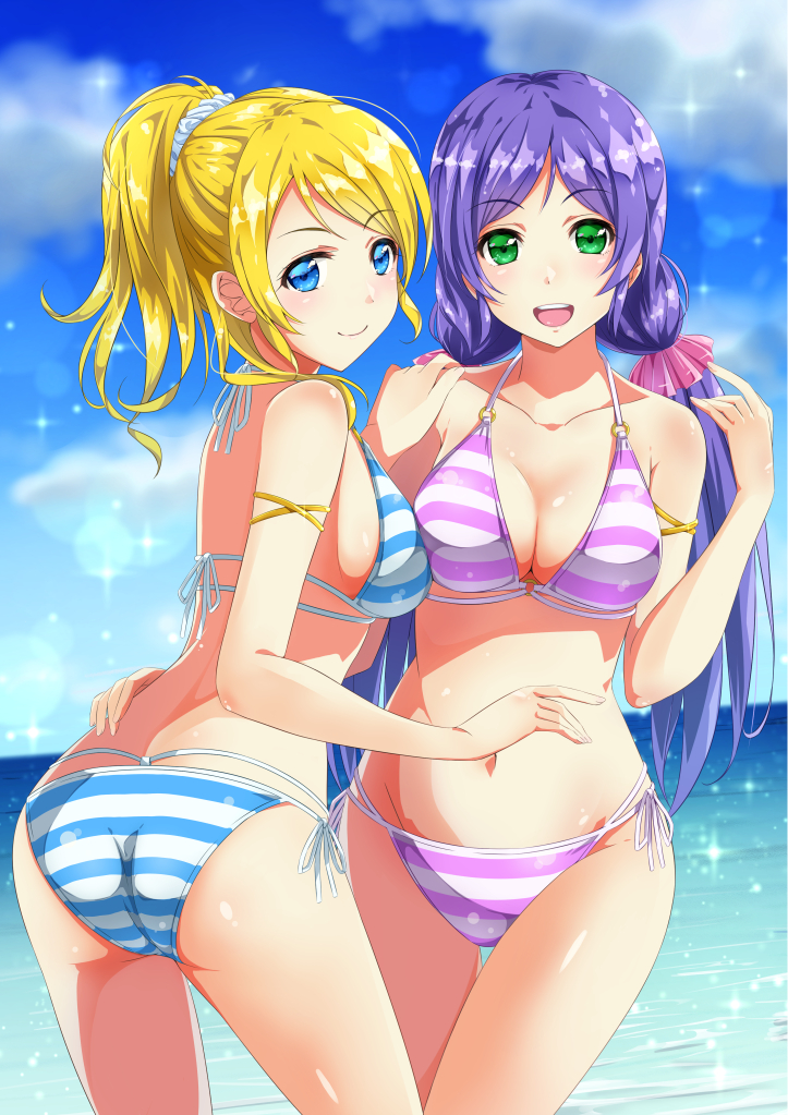 2girls, ayase_eli, bikini, blonde_hair, blue_eyes, fukuma, green_eyes, long_hair, love_live!_school_idol_project, multiple_girls, ponytail, purple_hair, smile, swimsuit, toujou_nozomi, twintails