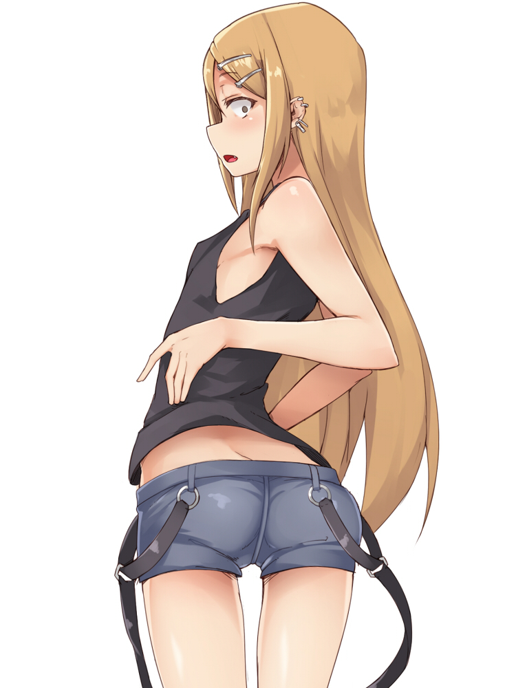 1girl, ass, bare_shoulders, belt, blonde_hair, blush, brll, brown_eyes