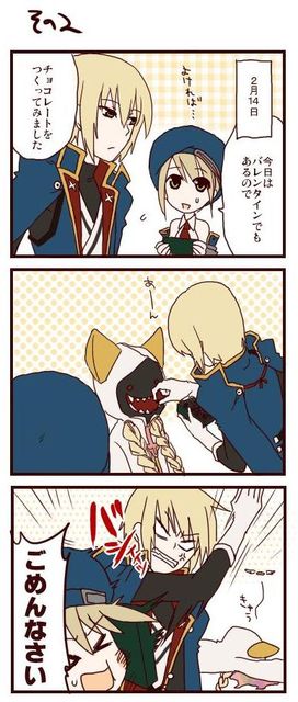 beret, blazblue, blonde_hair, cat, cat_ears, chocolate, comic, hat