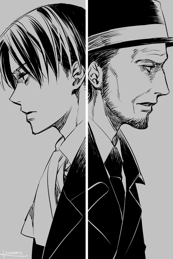 2boys, beard, hat, kenny_ackerman, levi_(shingeki_no_kyojin), monochrome, shingeki_no_kyojin