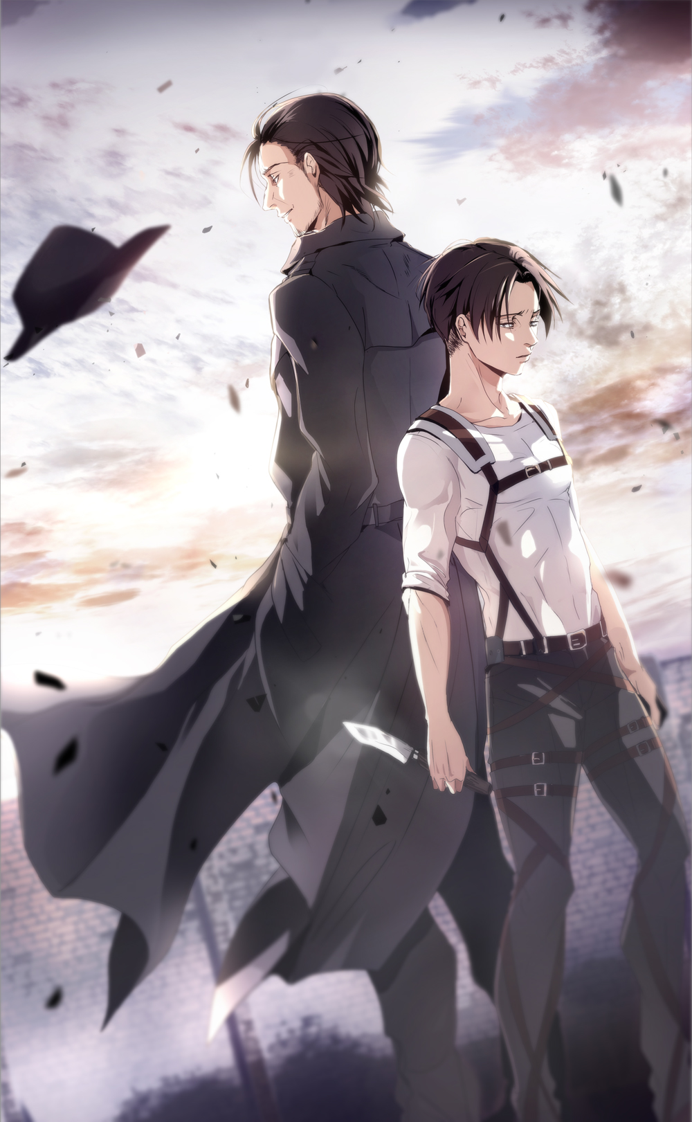 2boys, back_to_back, beard, black_hair, hat, kawauso, kenny_ackerman, knife