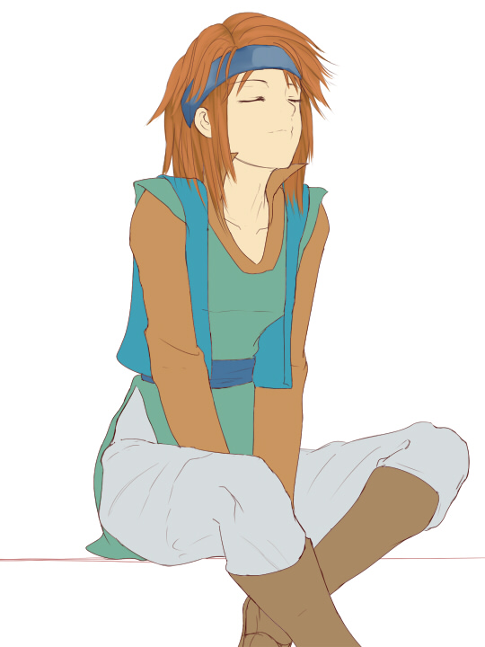 1girl, boots, closed_eyes, long_hair, nonji_(sayglo_halo), orange_hair, raquel_(tear_ring_saga), simple_background, sitting, solo, tear_ring_saga, white_background