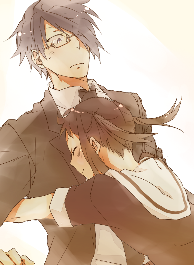 1boy, 1girl, akane_(soul_eater_not!), black_hair, brown_hair, closed_eyes, glasses, glomp