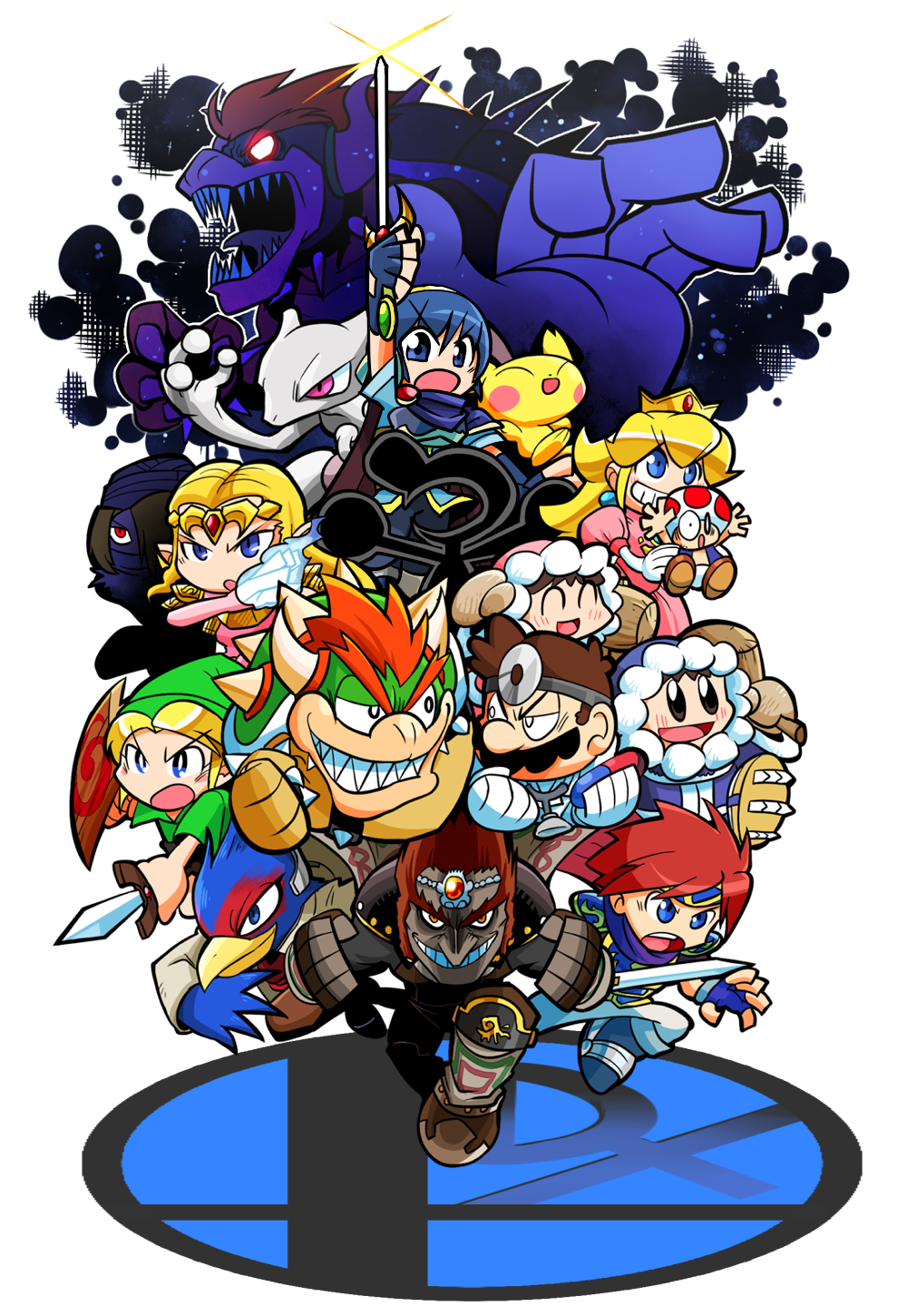 4girls, 6+boys, black_eyes, blonde_hair, blue_eyes, blue_hair, bowser, brown_hair