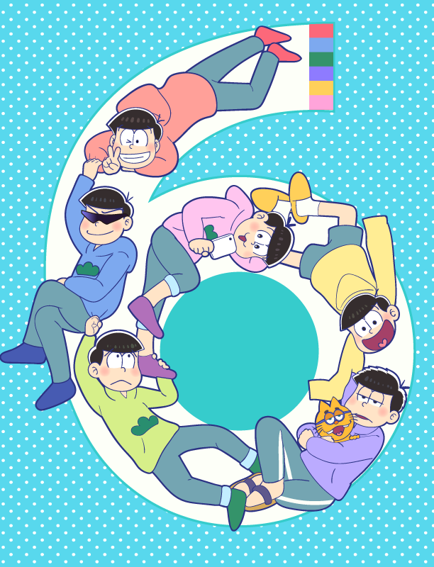 6+boys, :3, amatory12, black_hair, blue_background, brothers, cat, cellphone, esper_nyanko, glasses, hoodie, male_focus, matsuno_choromatsu, matsuno_ichimatsu, matsuno_juushimatsu, matsuno_karamatsu, matsuno_osomatsu, matsuno_todomatsu, messy_hair, multiple_boys, number, one_eye_closed, osomatsu-kun, osomatsu-san, pants, phone, polka_dot, polka_dot_background, sextuplets, siblings, single_vertical_stripe, sleeves_past_wrists, smartphone, smile, track_pants, v