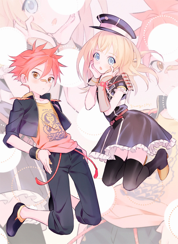 2boys, aizen_kunitoshi, armor, artist_name, bandaid, bandaid_on_nose, black_legwear, blonde_hair, blue_eyes, crossdressinging, dress, hands_on_own_cheeks, hands_on_own_face, hat, inogashi, japanese_armor, male_focus, midare_toushirou, multiple_boys, otoko_no_ko, redhead, sode, thigh-highs, touken_ranbu, yellow_eyes, zoom_layer
