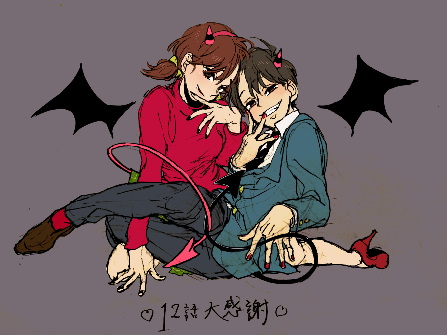 1boy, 1girl, black_nails, brown_eyes, brown_hair, demon_horns, demon_tail, demon_wings, evil_grin, evil_smile, fang, formal, grey_background, grin, hair_ribbon, hairband, hand_on_own_face, high_heels, horns, matsuno_osomatsu, mojisan, nail_polish, osomatsu-kun, osomatsu-san, red_nails, ribbon, short_twintails, simple_background, skirt, smile, suit, tail, turtleneck, twintails, wings, yowai_totoko