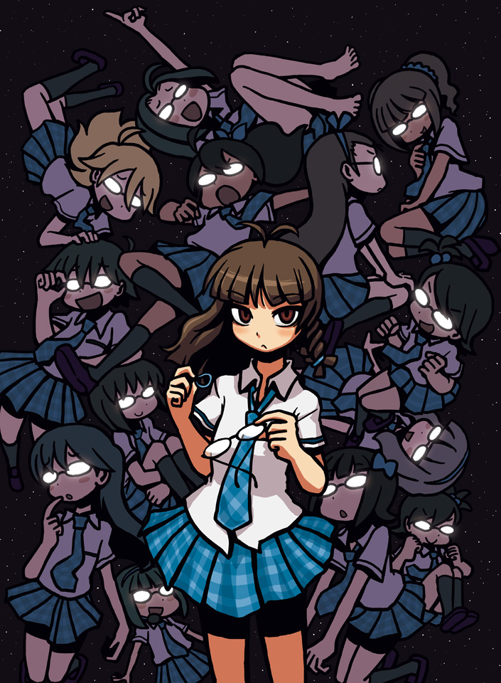 akizuki_ritsuko, akizuki_ritsuko_(cosplay), amami_haruka, barefoot, bespectacled, character_request, cosplay, everyone, futami_ami, futami_mami, ganaha_hibiki, girl, glasses, glowing, glowing_eyes, hagiwara_yukiho, hoshii_miki, idolmaster, kikuchi_makoto, kisaragi_chihaya, minase_iori, miura_azusa, multiple_girls, otonashi_kotori, riyo, riyo_(lyomsnpmp), rough_time_school, school_uniform, shijou_takane, skirt, takatsuki_yayoi, toes