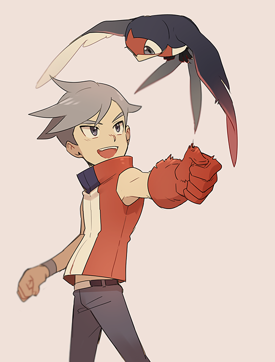 1boy, beige_background, bird, bird_keeper_(pokemon), denbaa, gloves, grey_eyes, grey_hair