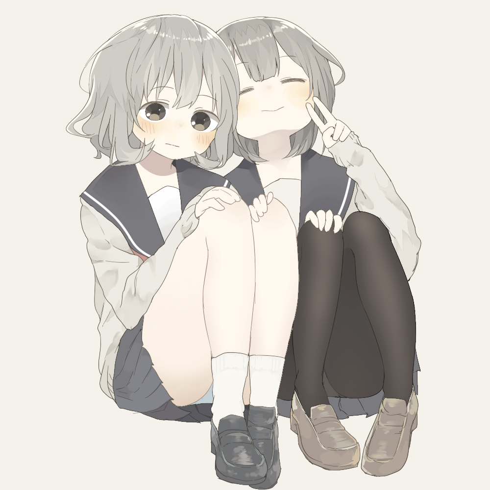 2girls, black_hair, black_legwear, blush, closed_eyes, fuyuri_(tibirobo), loafers, long_hair
