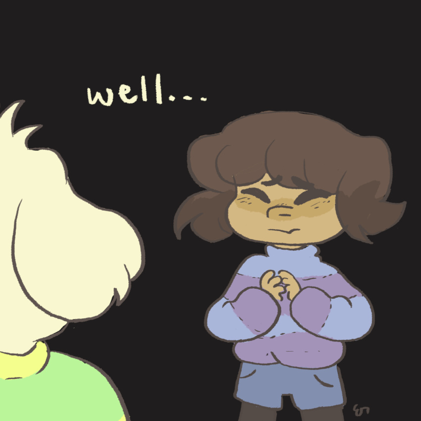 1boy, =_=, androgynous, asriel_dreemurr, brown_hair, comic, english, frisk_(undertale), highres, monster_boy, mushroomstairs, shirt, shorts, spoilers, striped, striped_shirt, undertale