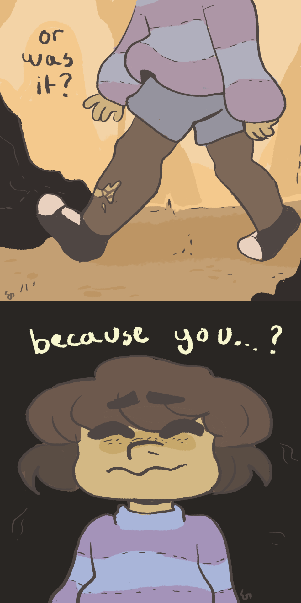 =_=, androgynous, brown_hair, frisk_(undertale), highres, injury, mushroomstairs, pantyhose