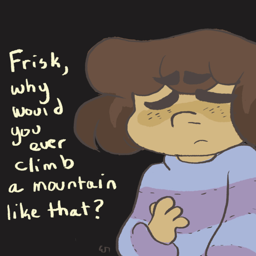 =_=, androgynous, brown_hair, comic, dark_skin, english, frisk_(undertale), highres, mushroomstairs, sad, shirt, spoilers, striped, striped_shirt, undertale